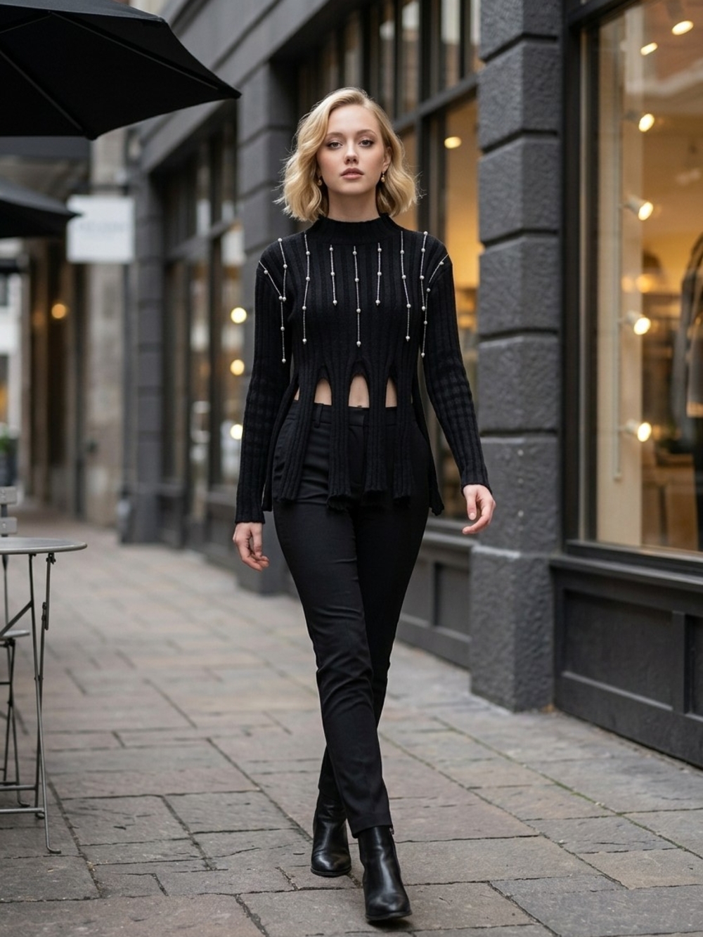 Zara Black Ribbed Pearl-Embellished Cutout Hem Sweater